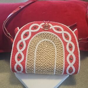 Elegant Red and Tan Crossbody Bag 9" Wide